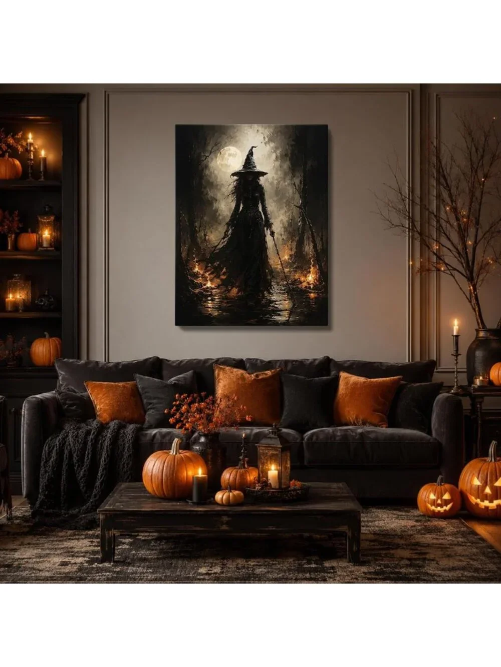 Spooky Halloween Canvas Art - Dark Witch in Enchanted Moonlit Forest Decor
